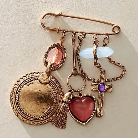 Free People Jewelry - Free People unlock your love Gold Brooch with Pink and Purple Charms